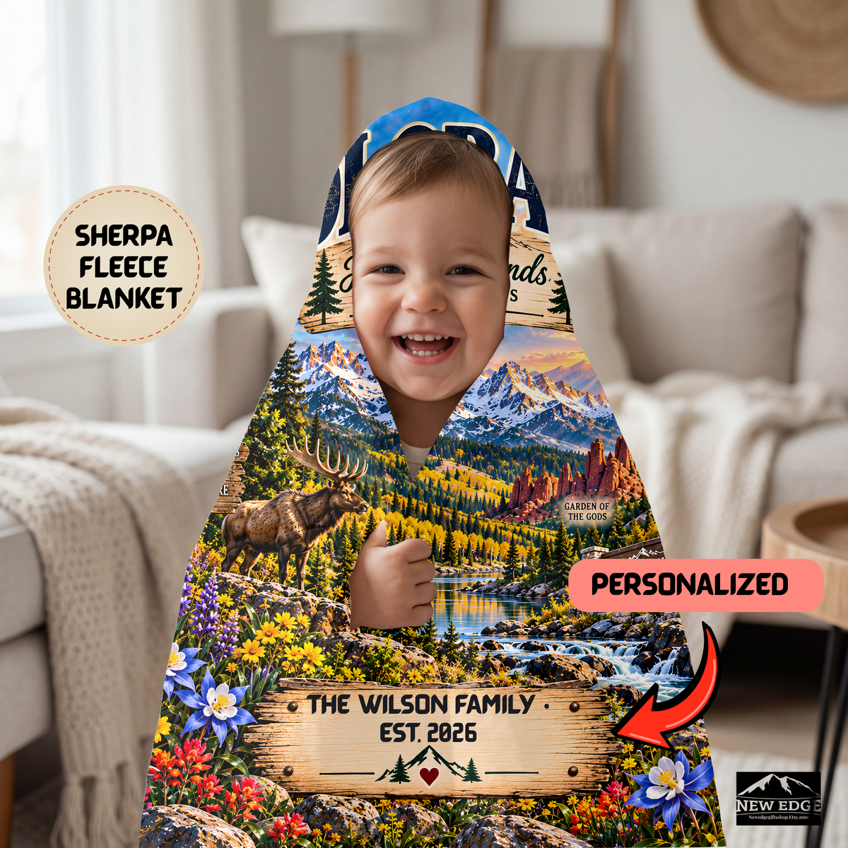 Colorado Personalized Sherpa Fleece Blanket, Rocky Mountains Scenic Custom Family Name State Gift