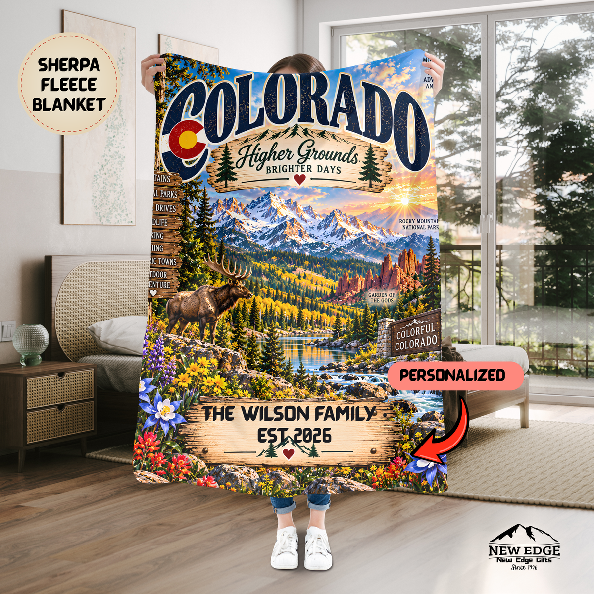 Colorado Personalized Sherpa Fleece Blanket, Rocky Mountains Scenic Custom Family Name State Gift