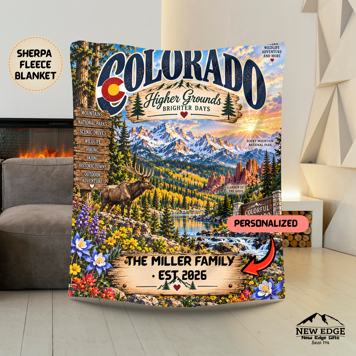 Colorado Personalized Sherpa Fleece Blanket, Rocky Mountains Scenic Custom Family Name State Gift