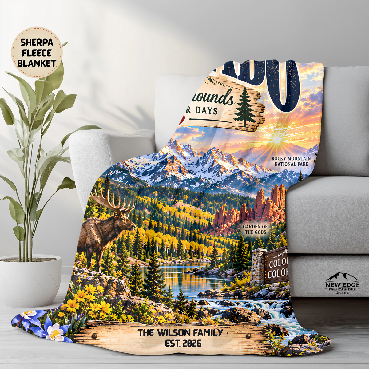 Colorado Personalized Sherpa Fleece Blanket, Rocky Mountains Scenic Custom Family Name State Gift