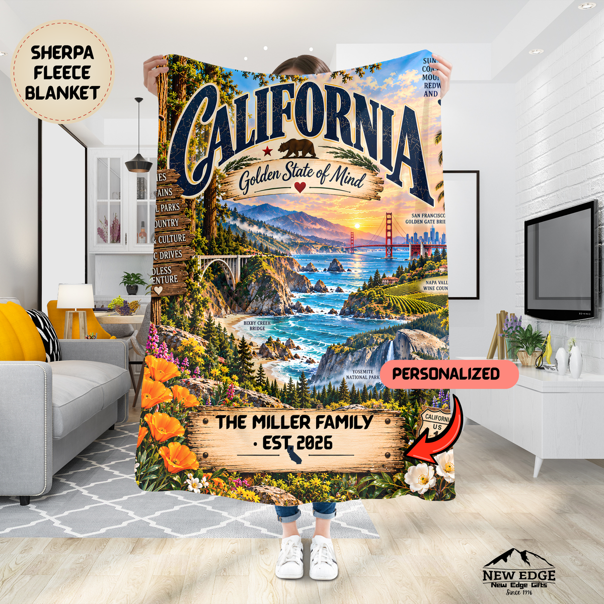 California Personalized Sherpa Fleece Blanket, Golden State Scenic Landmarks Custom Family Gift