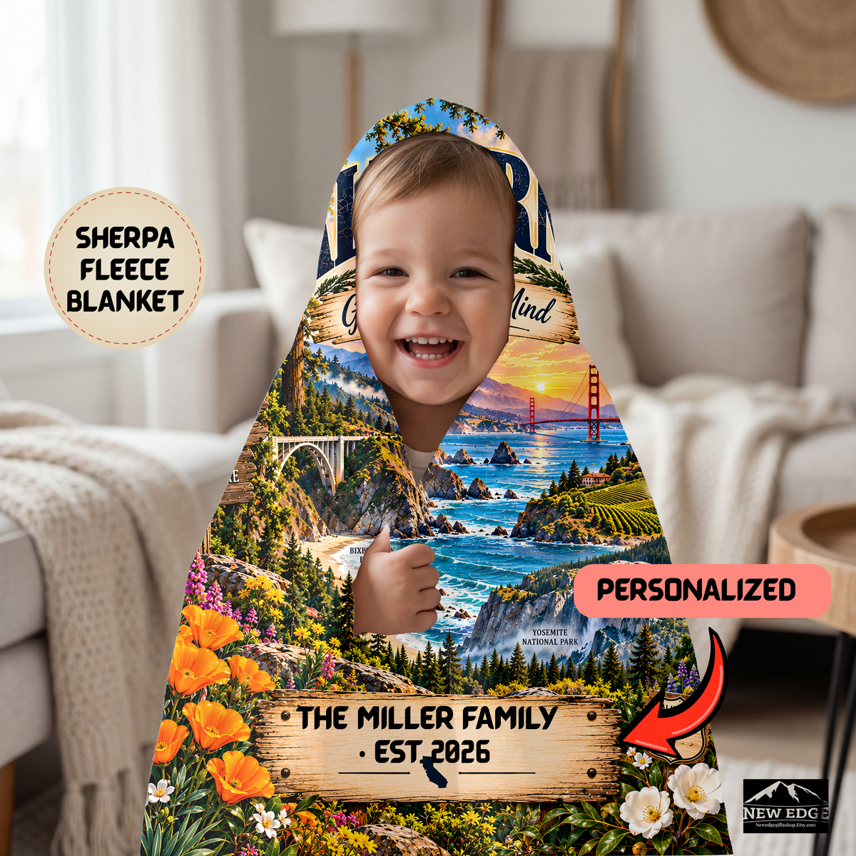California Personalized Sherpa Fleece Blanket, Golden State Scenic Landmarks Custom Family Gift