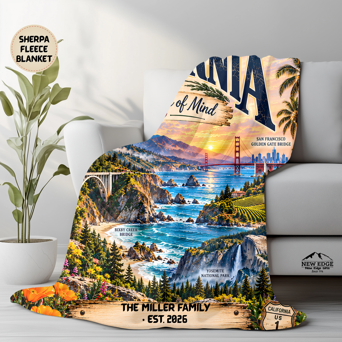 California Personalized Sherpa Fleece Blanket, Golden State Scenic Landmarks Custom Family Gift
