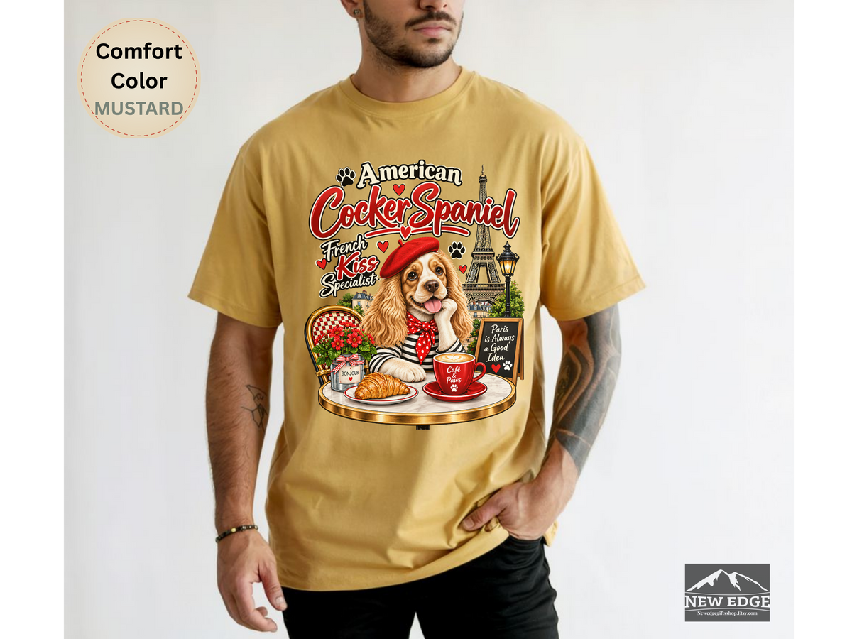 American Cocker Spaniel T-Shirt, Funny Dog Lover Shirt, Paris Café Dog Graphic