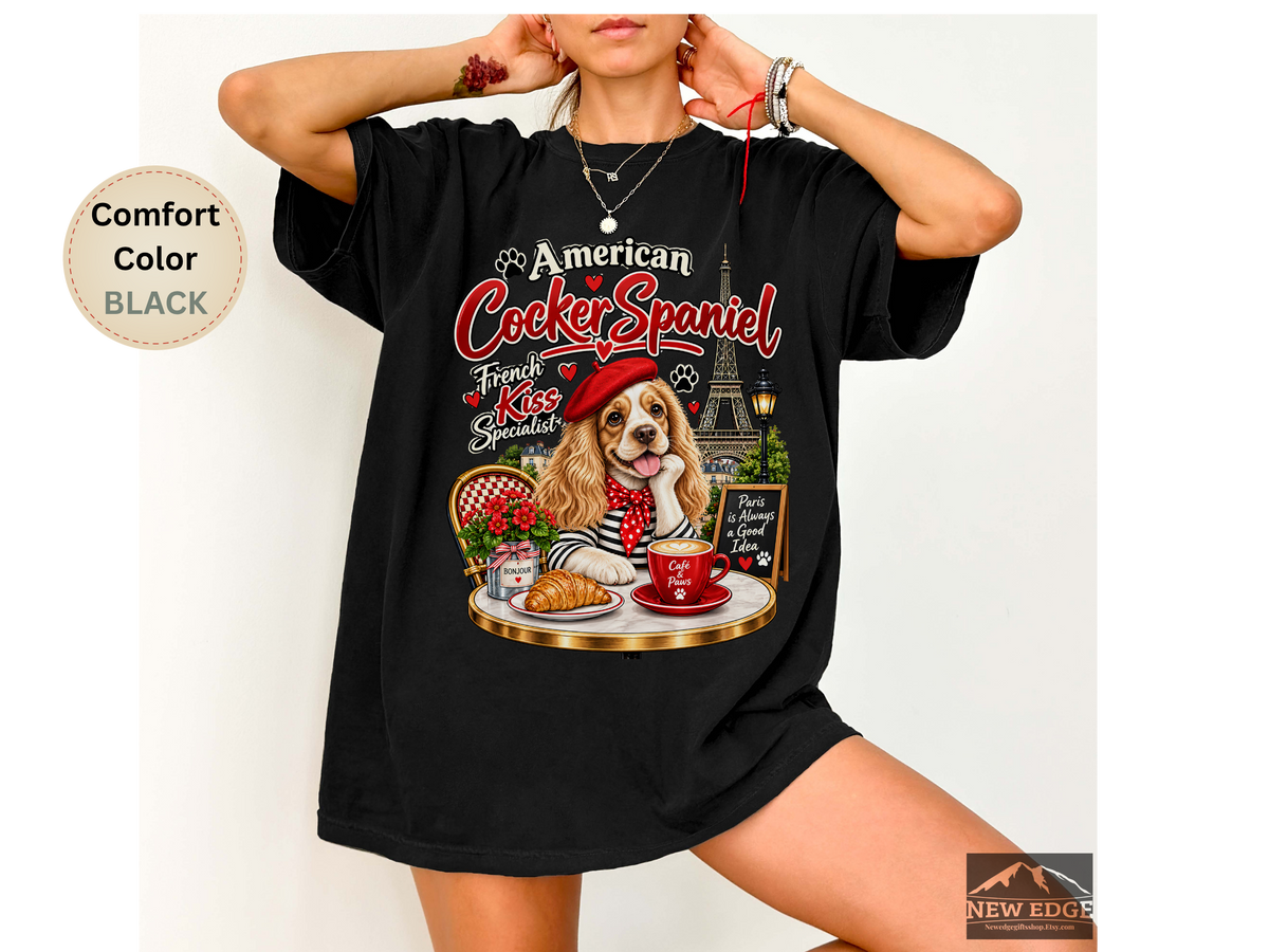 American Cocker Spaniel T-Shirt, Funny Dog Lover Shirt, Paris Café Dog Graphic