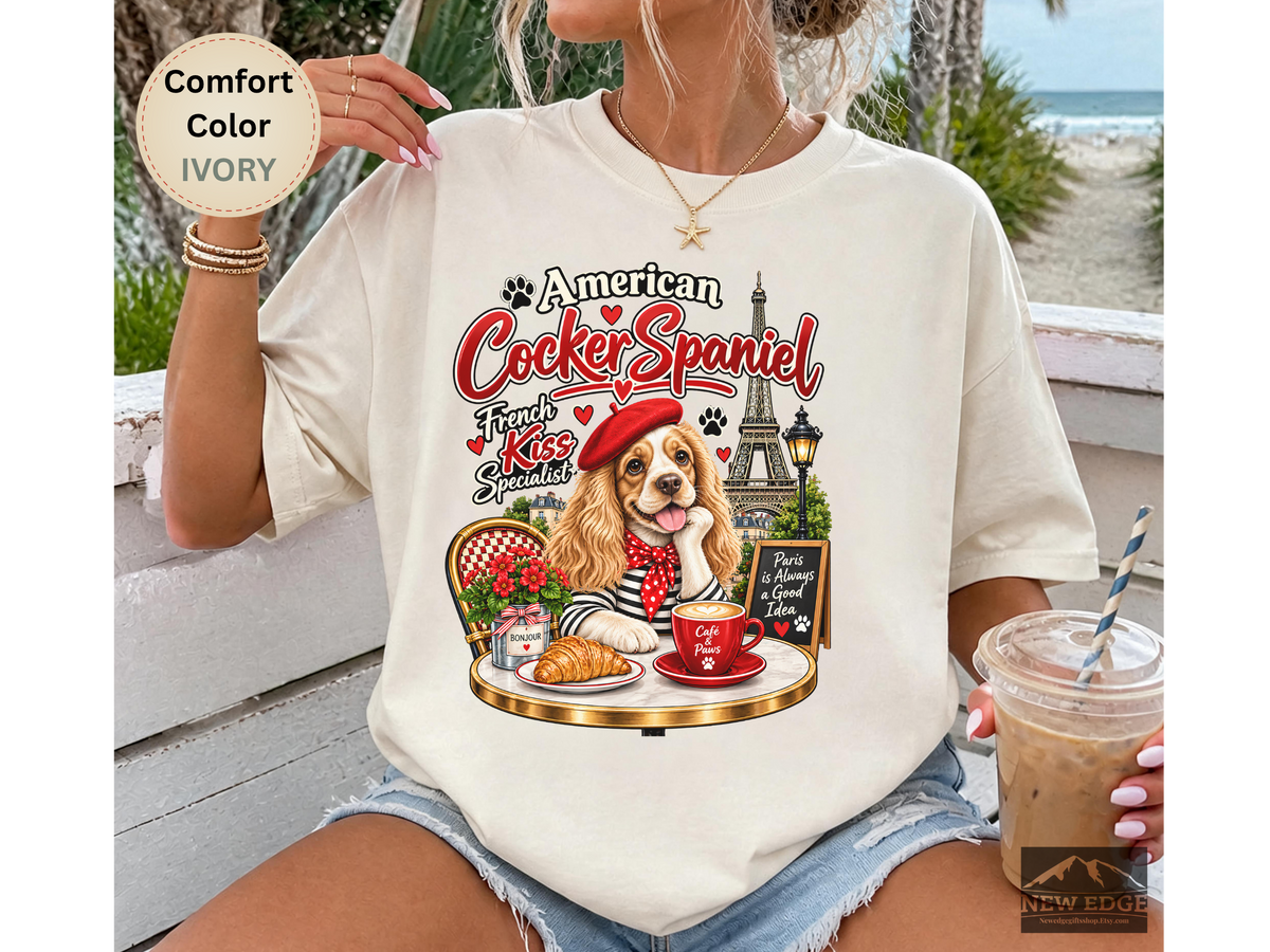 American Cocker Spaniel T-Shirt, Funny Dog Lover Shirt, Paris Café Dog Graphic