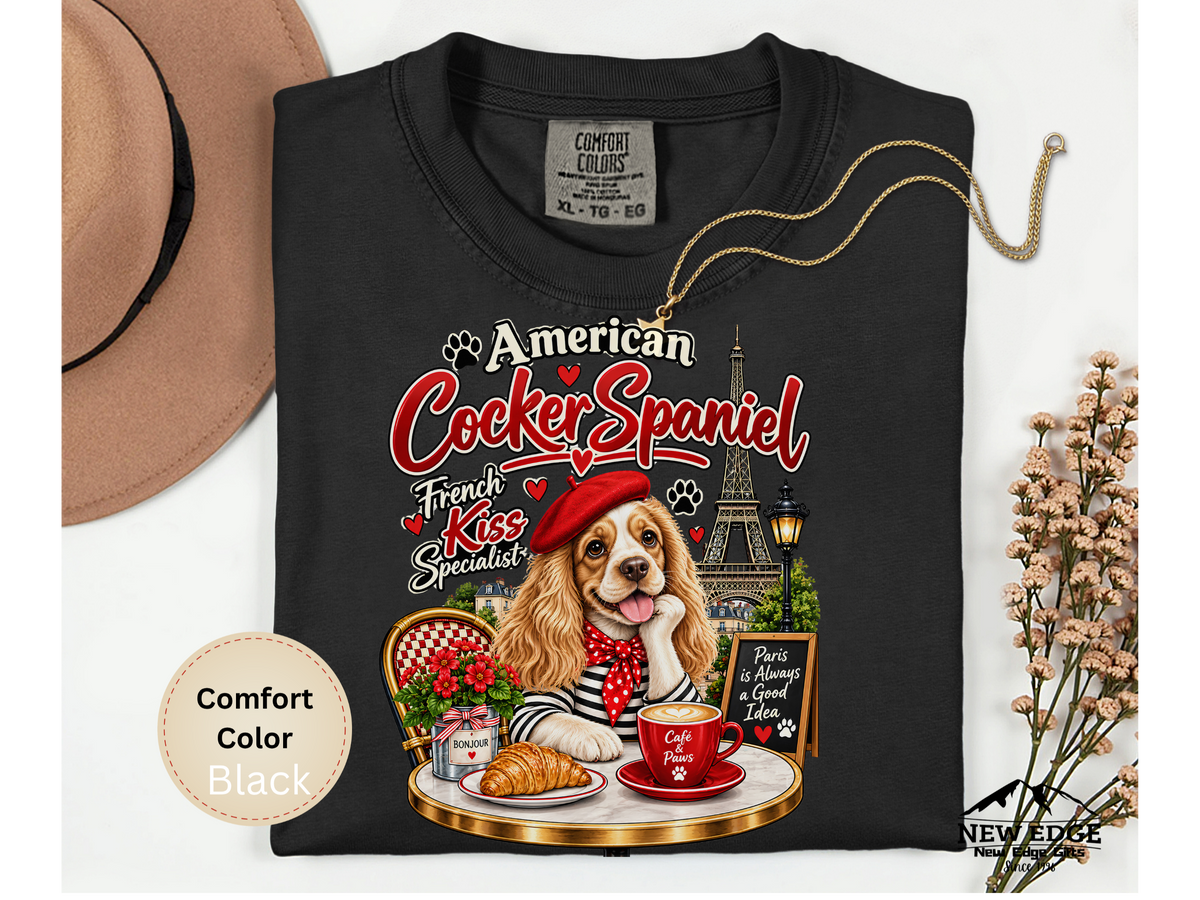 American Cocker Spaniel T-Shirt, Funny Dog Lover Shirt, Paris Café Dog Graphic