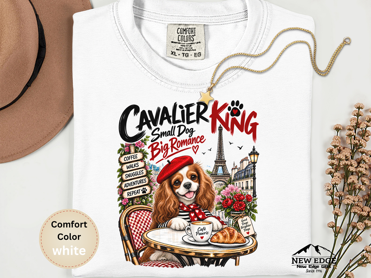 Cavalier King Charles Spaniel Comfort Colors Shirt, Small Dog Big Romance, Paris Cafe Tee