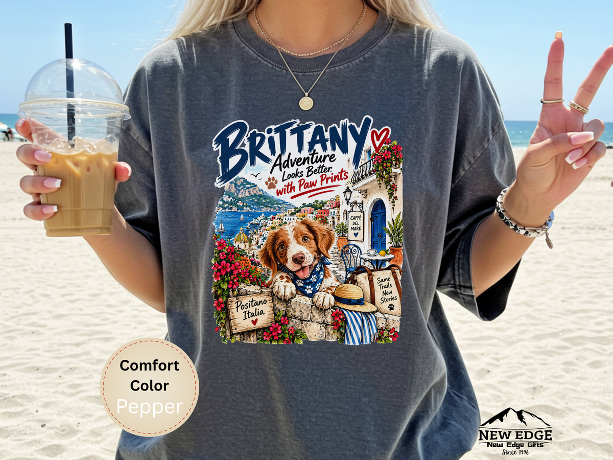 Brittany Comfort Colors Shirt, Adventure Looks Better with Paw Prints, Positano Dog Lover Tee