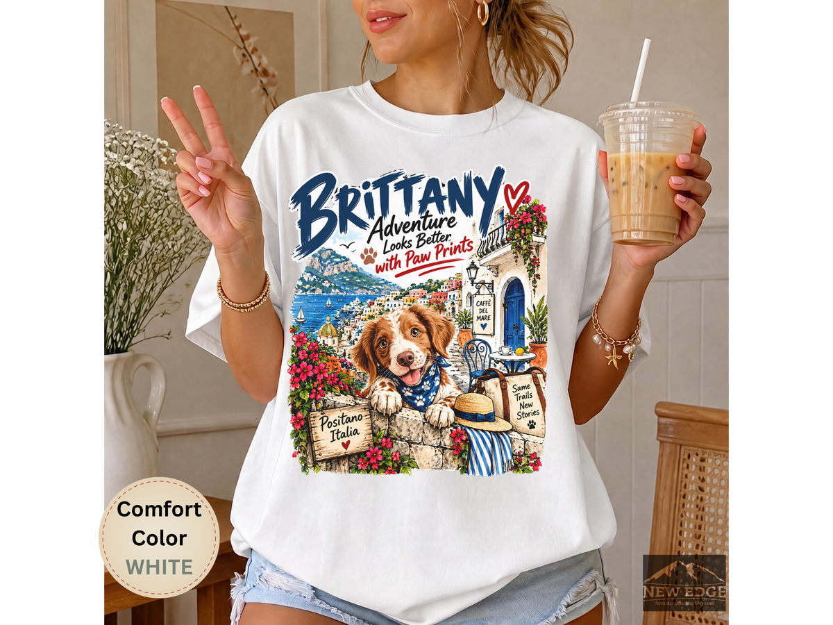 Brittany Comfort Colors Shirt, Adventure Looks Better with Paw Prints, Positano Dog Lover Tee