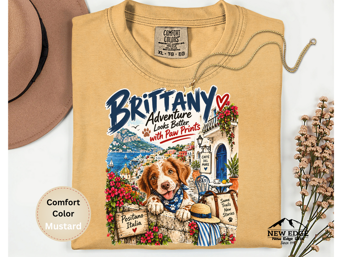 Brittany Comfort Colors Shirt, Adventure Looks Better with Paw Prints, Positano Dog Lover Tee