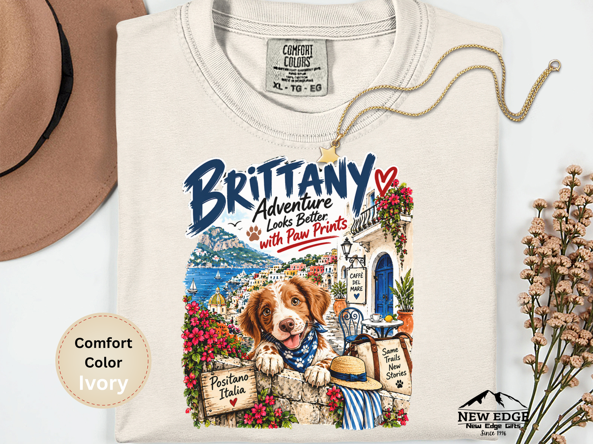 Brittany Comfort Colors Shirt, Adventure Looks Better with Paw Prints, Positano Dog Lover Tee