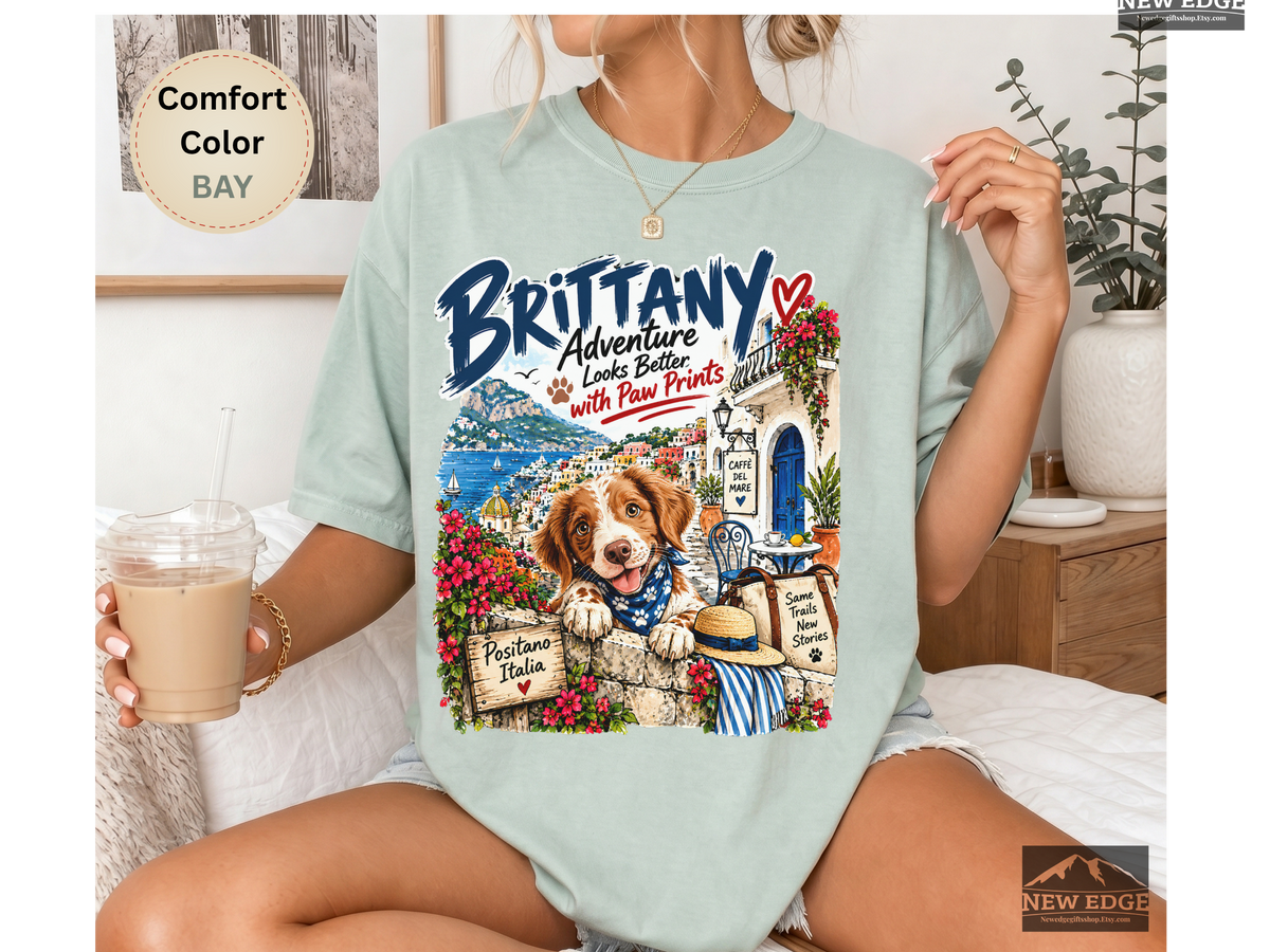 Brittany Comfort Colors Shirt, Adventure Looks Better with Paw Prints, Positano Dog Lover Tee