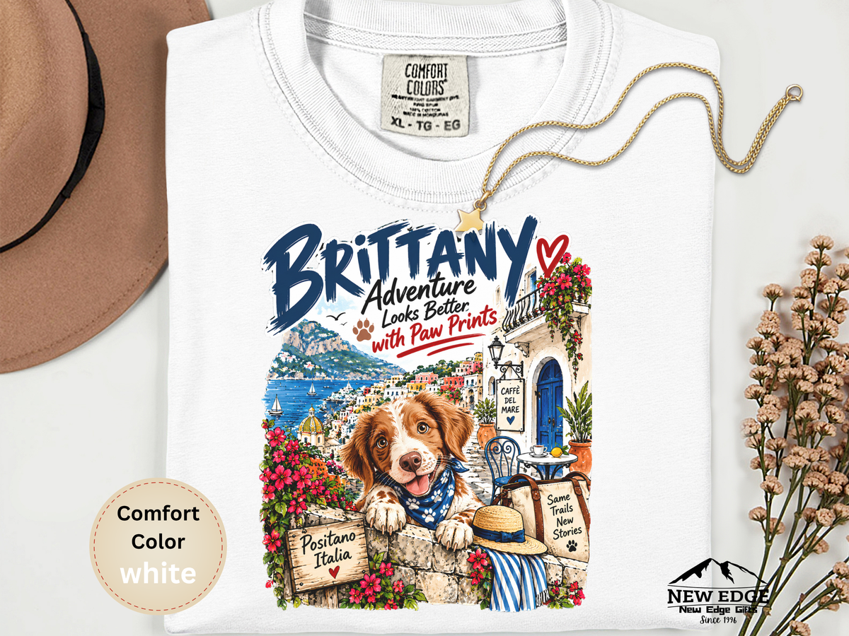 Brittany Comfort Colors Shirt, Adventure Looks Better with Paw Prints, Positano Dog Lover Tee