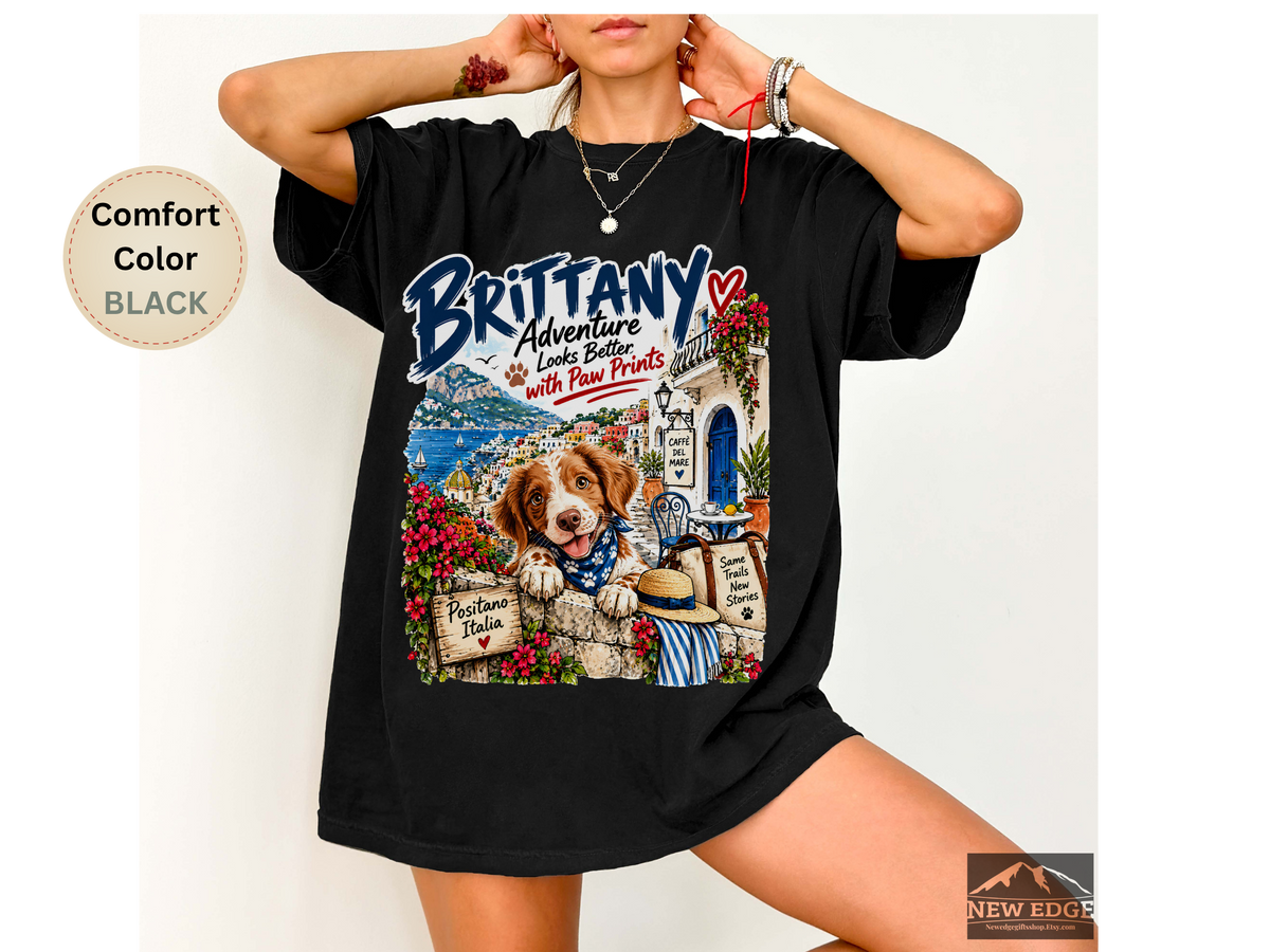 Brittany Comfort Colors Shirt, Adventure Looks Better with Paw Prints, Positano Dog Lover Tee