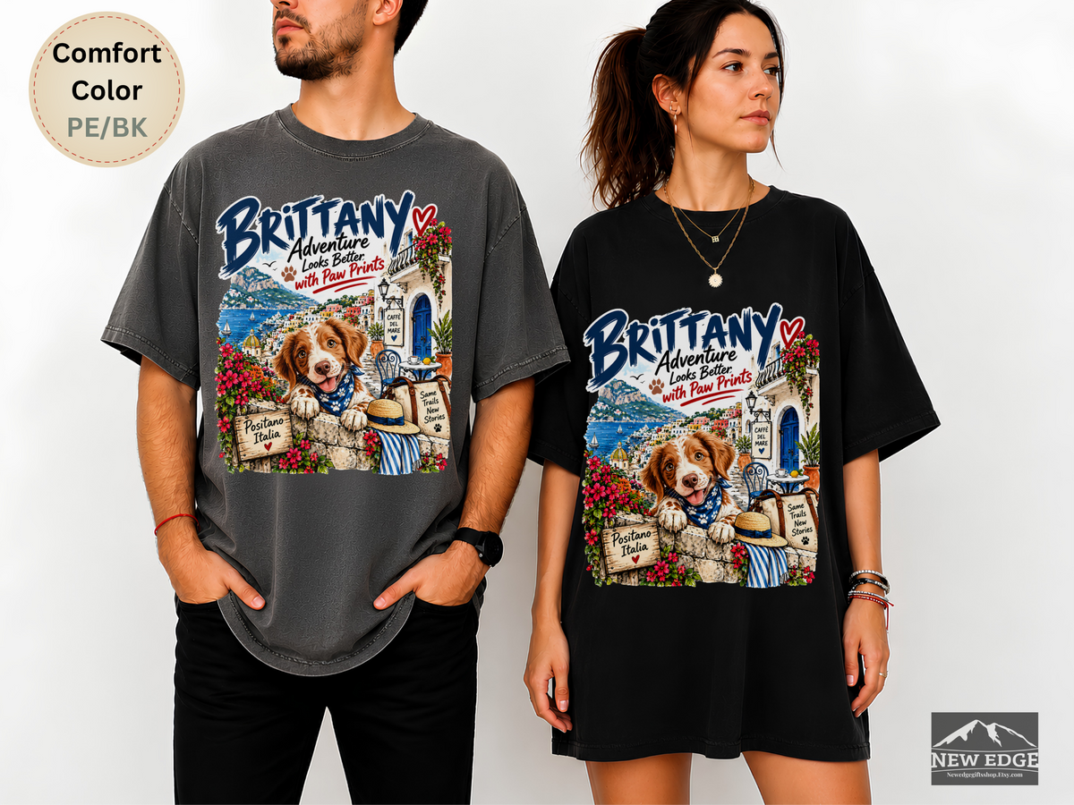 Brittany Comfort Colors Shirt, Adventure Looks Better with Paw Prints, Positano Dog Lover Tee