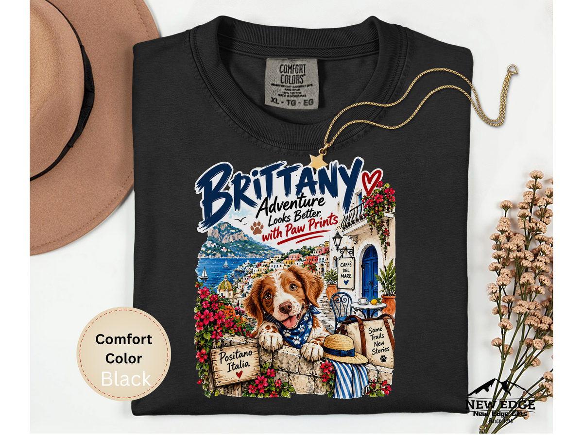 Brittany Comfort Colors Shirt, Adventure Looks Better with Paw Prints, Positano Dog Lover Tee