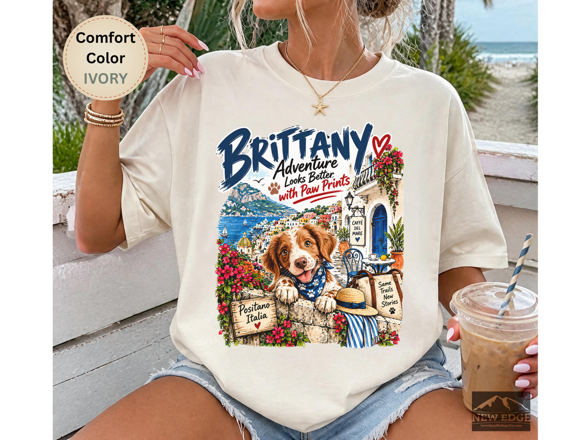 Brittany Comfort Colors Shirt, Adventure Looks Better with Paw Prints, Positano Dog Lover Tee