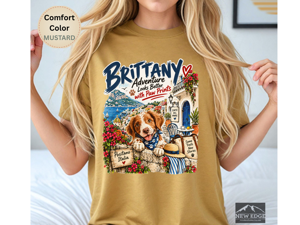 Brittany Comfort Colors Shirt, Adventure Looks Better with Paw Prints, Positano Dog Lover Tee