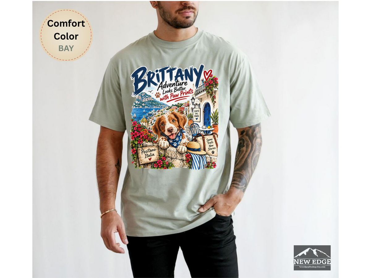 Brittany Comfort Colors Shirt, Adventure Looks Better with Paw Prints, Positano Dog Lover Tee