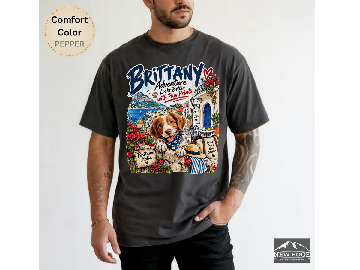 Brittany Comfort Colors Shirt, Adventure Looks Better with Paw Prints, Positano Dog Lover Tee