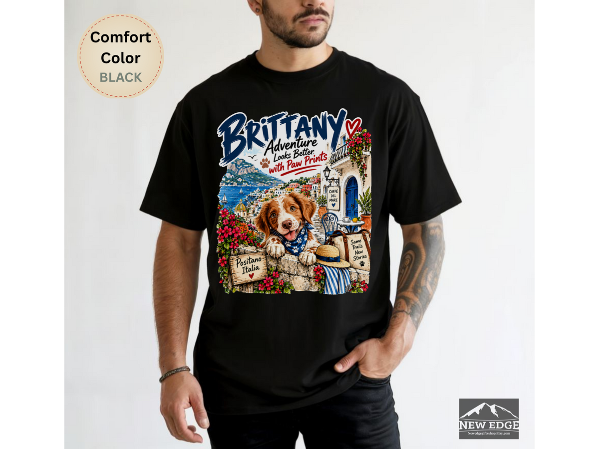 Brittany Comfort Colors Shirt, Adventure Looks Better with Paw Prints, Positano Dog Lover Tee