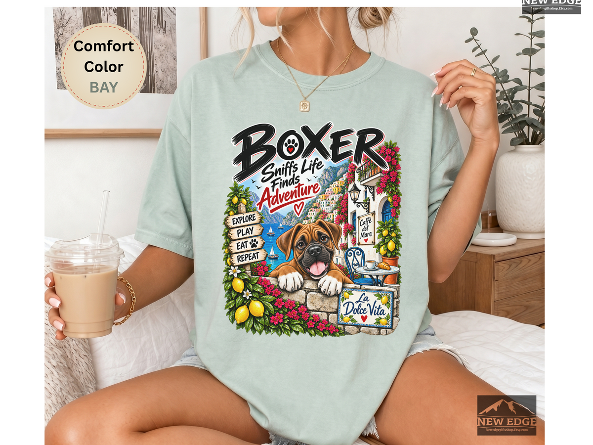 Boxer Comfort Colors Shirt, Sniffs Life Finds Adventure, Amalfi Coast Dog Lover Tee