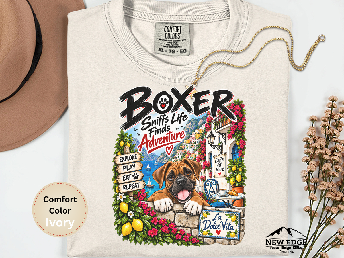 Boxer Comfort Colors Shirt, Sniffs Life Finds Adventure, Amalfi Coast Dog Lover Tee