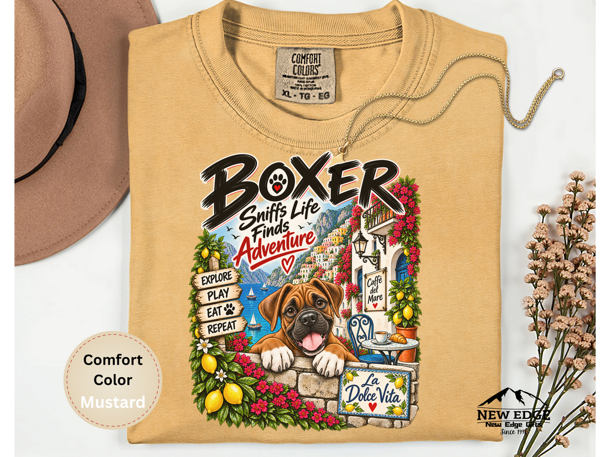 Boxer Comfort Colors Shirt, Sniffs Life Finds Adventure, Amalfi Coast Dog Lover Tee