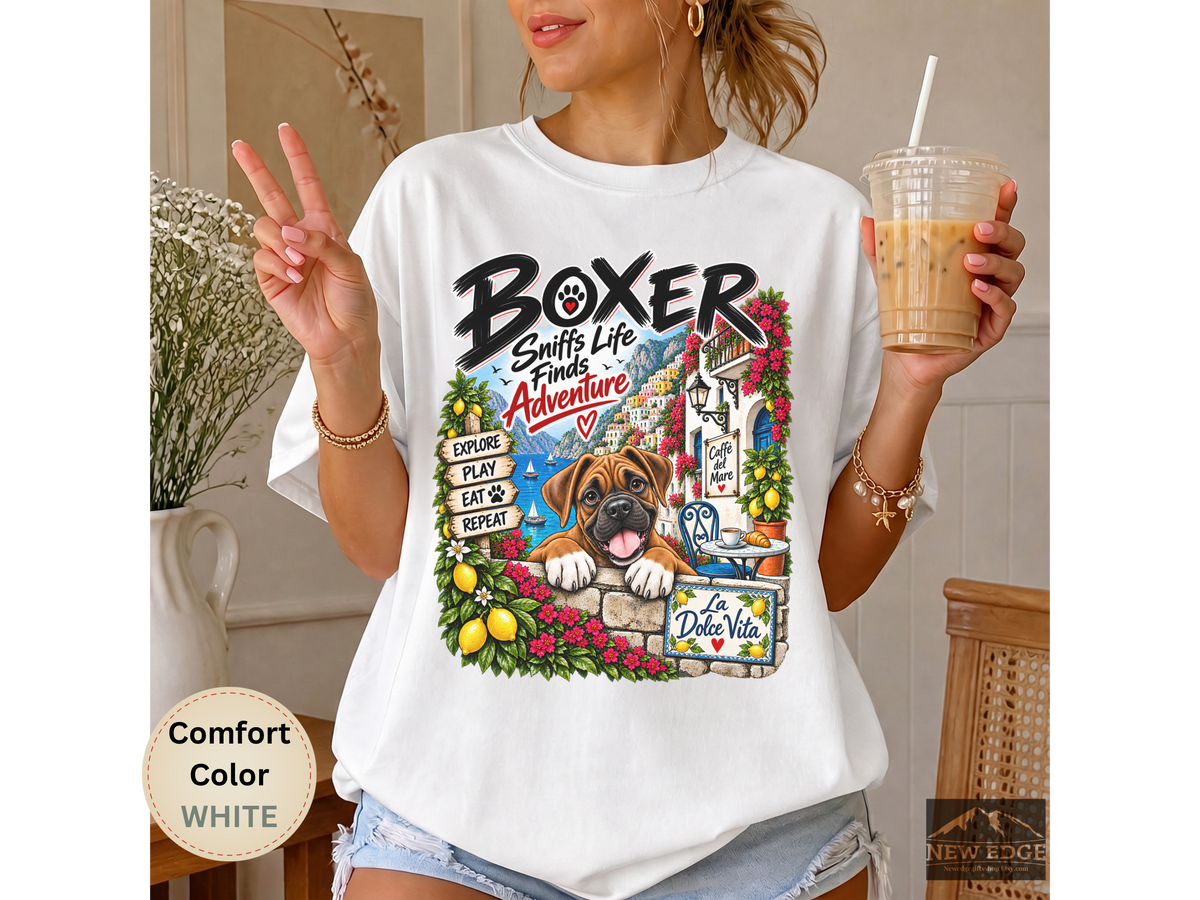 Boxer Comfort Colors Shirt, Sniffs Life Finds Adventure, Amalfi Coast Dog Lover Tee