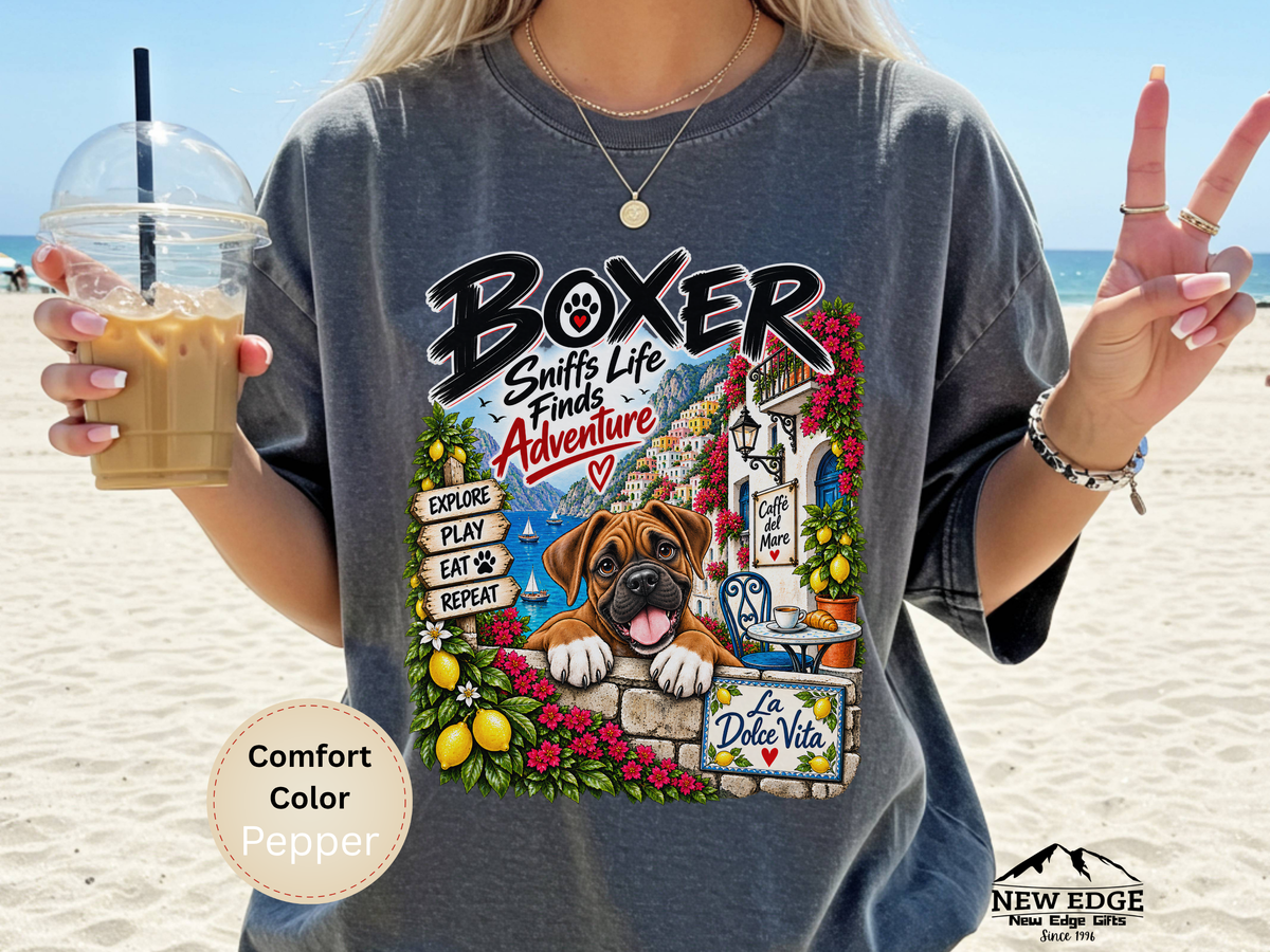 Boxer Comfort Colors Shirt, Sniffs Life Finds Adventure, Amalfi Coast Dog Lover Tee