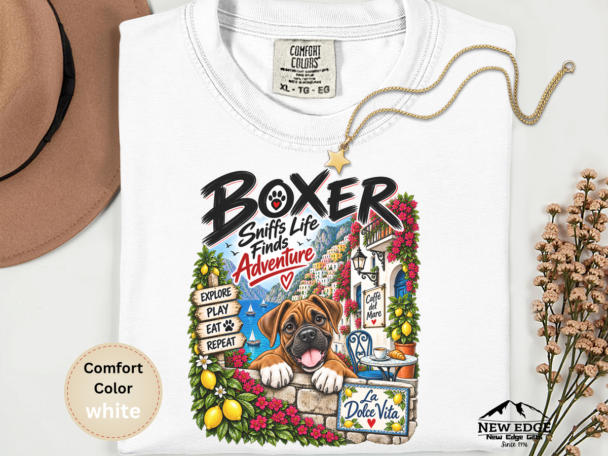 Boxer Comfort Colors Shirt, Sniffs Life Finds Adventure, Amalfi Coast Dog Lover Tee