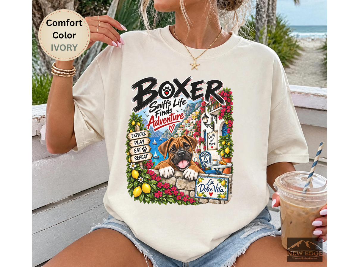 Boxer Comfort Colors Shirt, Sniffs Life Finds Adventure, Amalfi Coast Dog Lover Tee