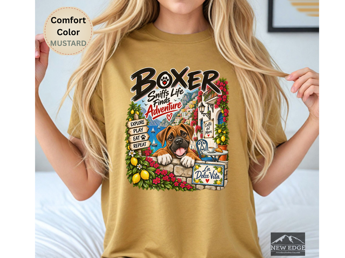 Boxer Comfort Colors Shirt, Sniffs Life Finds Adventure, Amalfi Coast Dog Lover Tee
