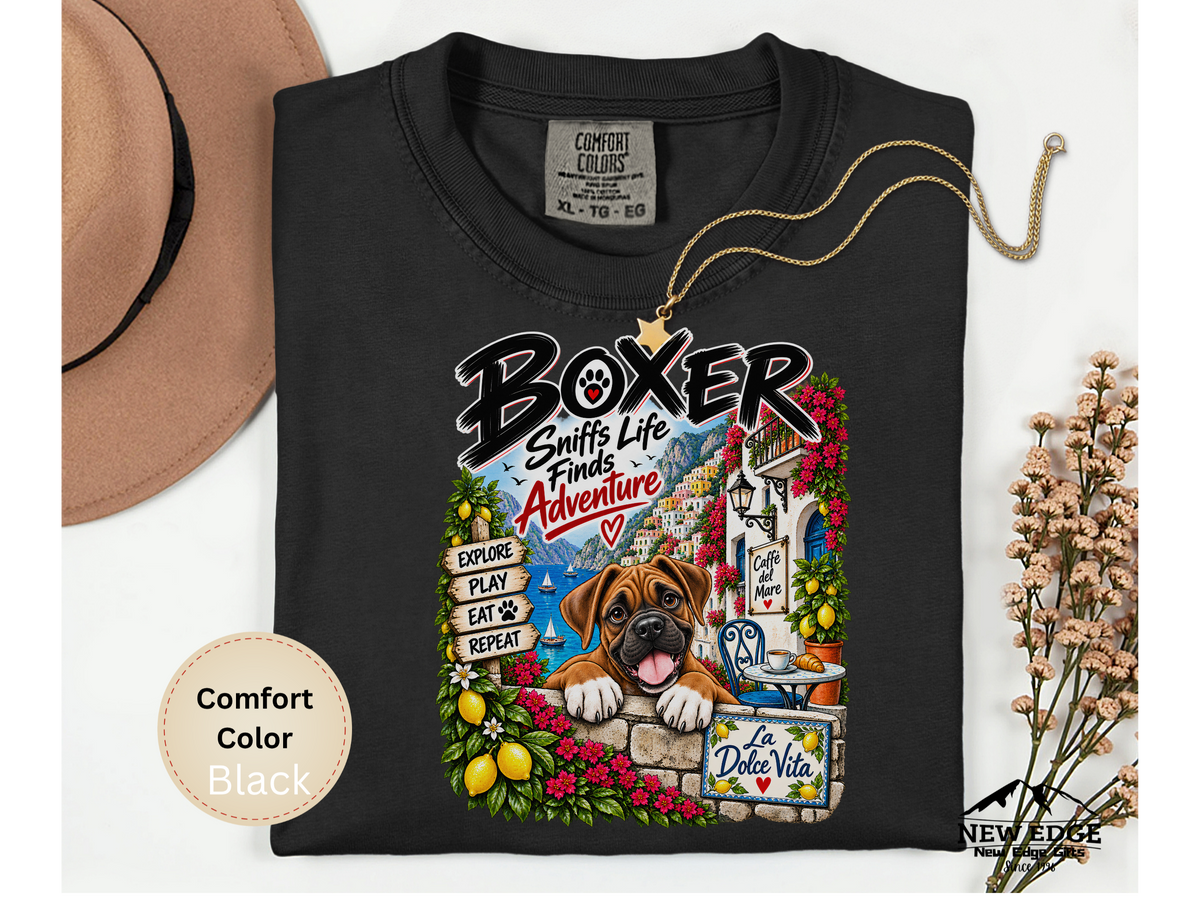 Boxer Comfort Colors Shirt, Sniffs Life Finds Adventure, Amalfi Coast Dog Lover Tee