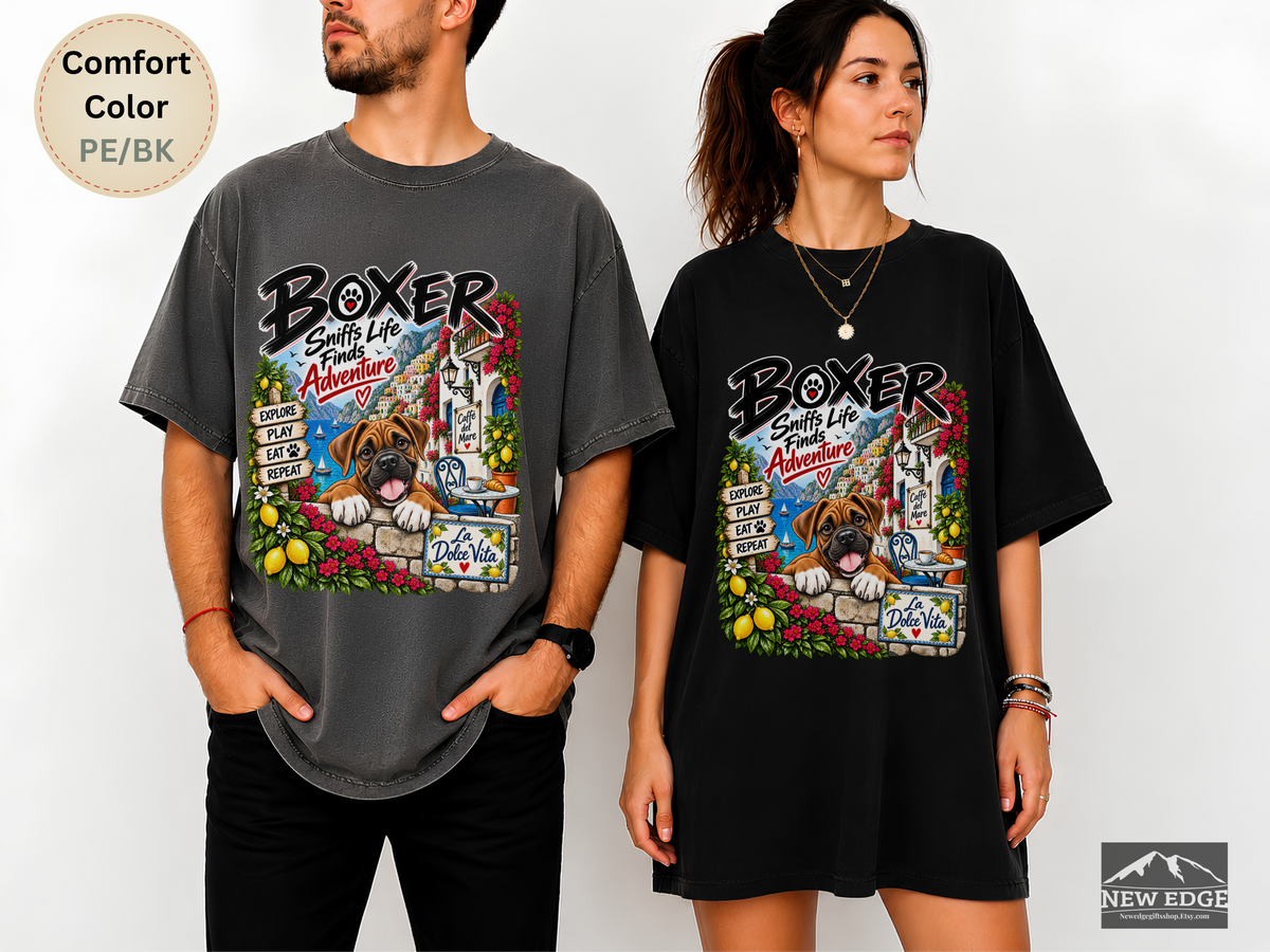 Boxer Comfort Colors Shirt, Sniffs Life Finds Adventure, Amalfi Coast Dog Lover Tee