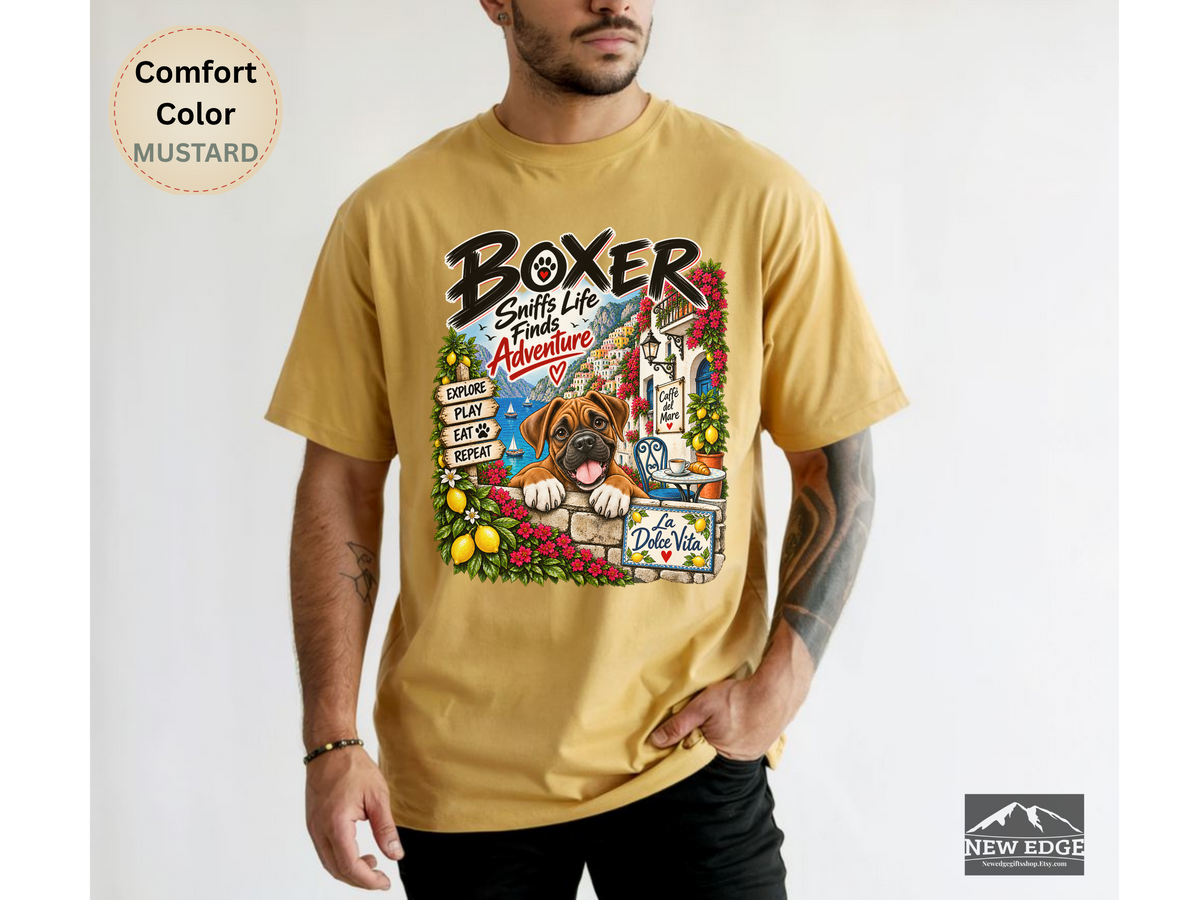Boxer Comfort Colors Shirt, Sniffs Life Finds Adventure, Amalfi Coast Dog Lover Tee