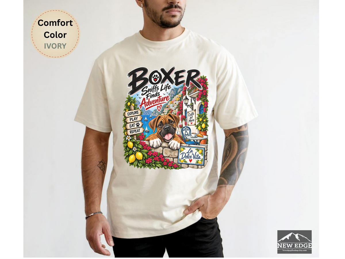 Boxer Comfort Colors Shirt, Sniffs Life Finds Adventure, Amalfi Coast Dog Lover Tee