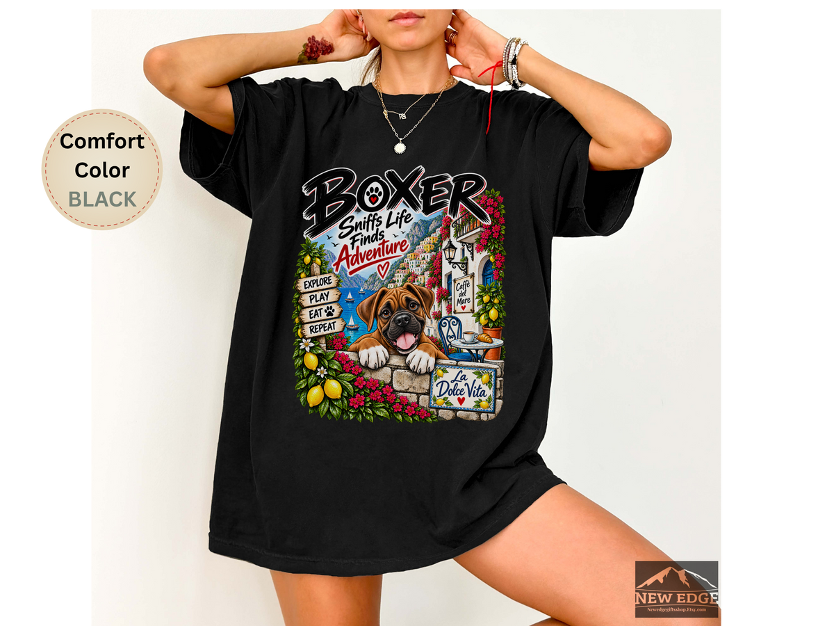 Boxer Comfort Colors Shirt, Sniffs Life Finds Adventure, Amalfi Coast Dog Lover Tee