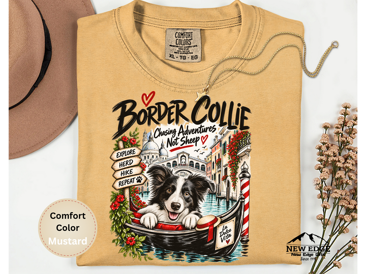 Border Collie Comfort Colors Shirt, Chasing Adventures Not Sheep, Venice Dog Lover Tee