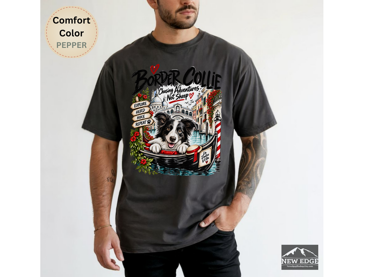 Border Collie Comfort Colors Shirt, Chasing Adventures Not Sheep, Venice Dog Lover Tee