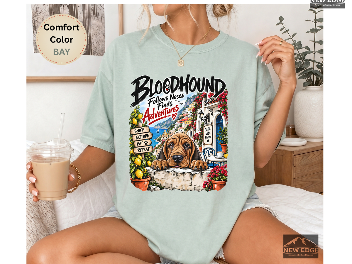 Bloodhound Comfort Colors Shirt, Follows Noses Finds Adventures, Amalfi Coast Dog Lover Tee