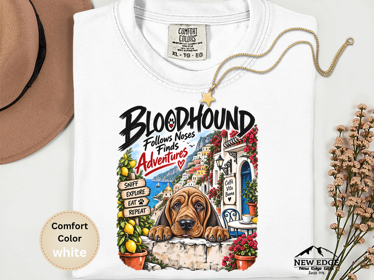 Bloodhound Comfort Colors Shirt, Follows Noses Finds Adventures, Amalfi Coast Dog Lover Tee