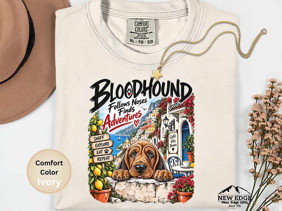 Bloodhound Comfort Colors Shirt, Follows Noses Finds Adventures, Amalfi Coast Dog Lover Tee
