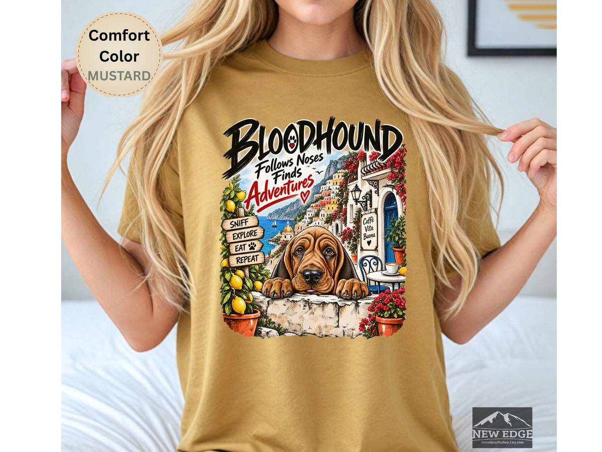Bloodhound Comfort Colors Shirt, Follows Noses Finds Adventures, Amalfi Coast Dog Lover Tee