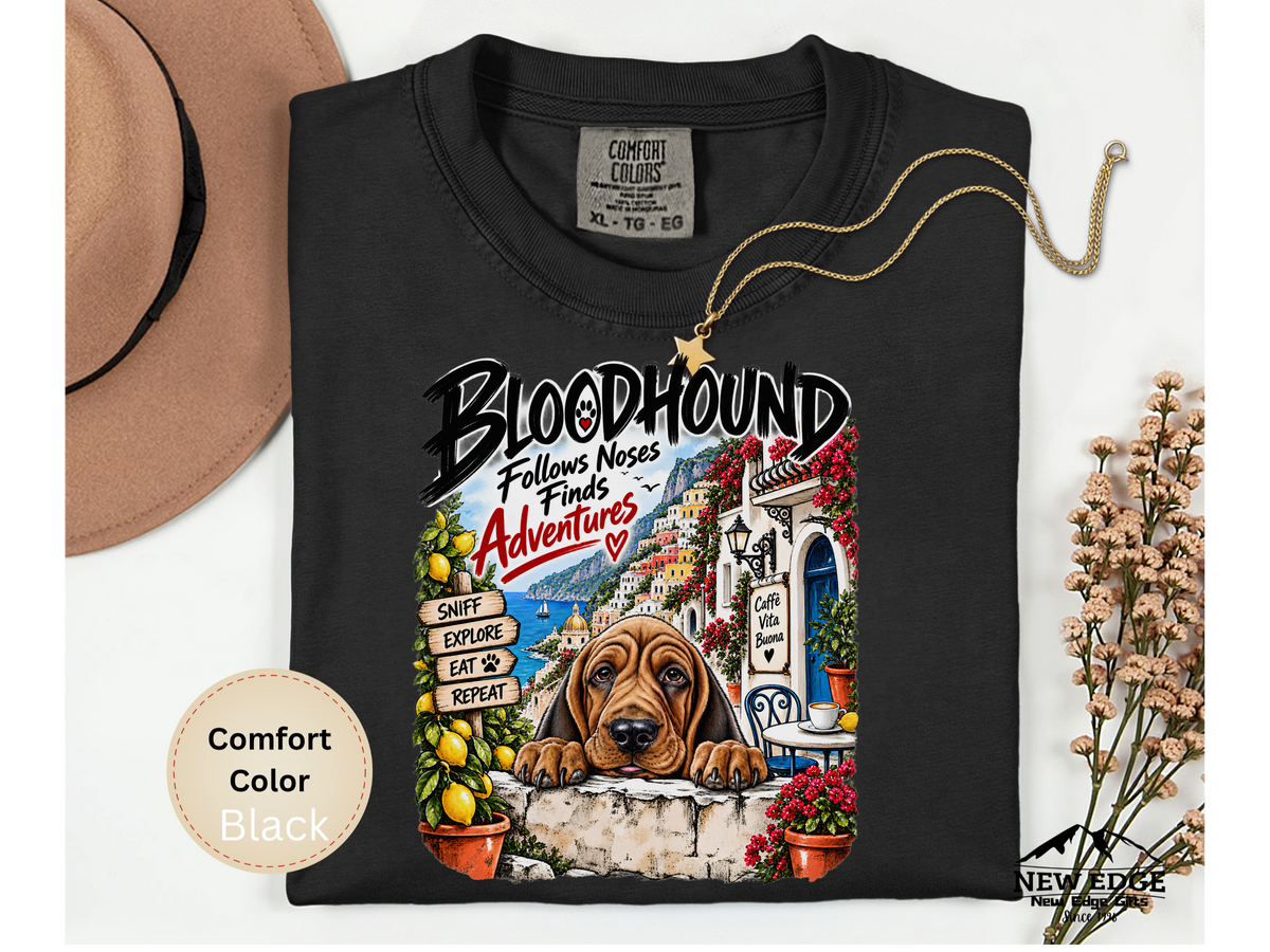 Bloodhound Comfort Colors Shirt, Follows Noses Finds Adventures, Amalfi Coast Dog Lover Tee