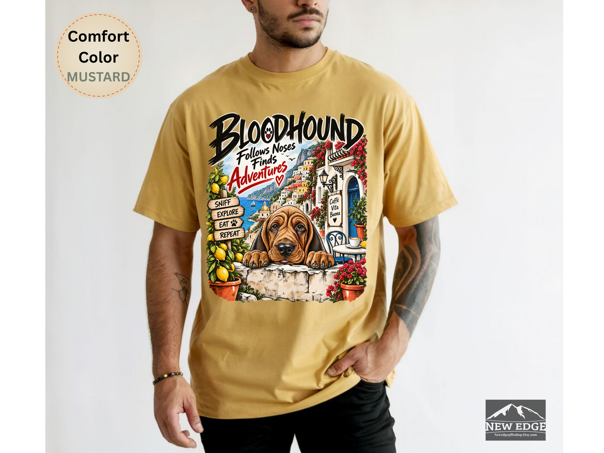 Bloodhound Comfort Colors Shirt, Follows Noses Finds Adventures, Amalfi Coast Dog Lover Tee