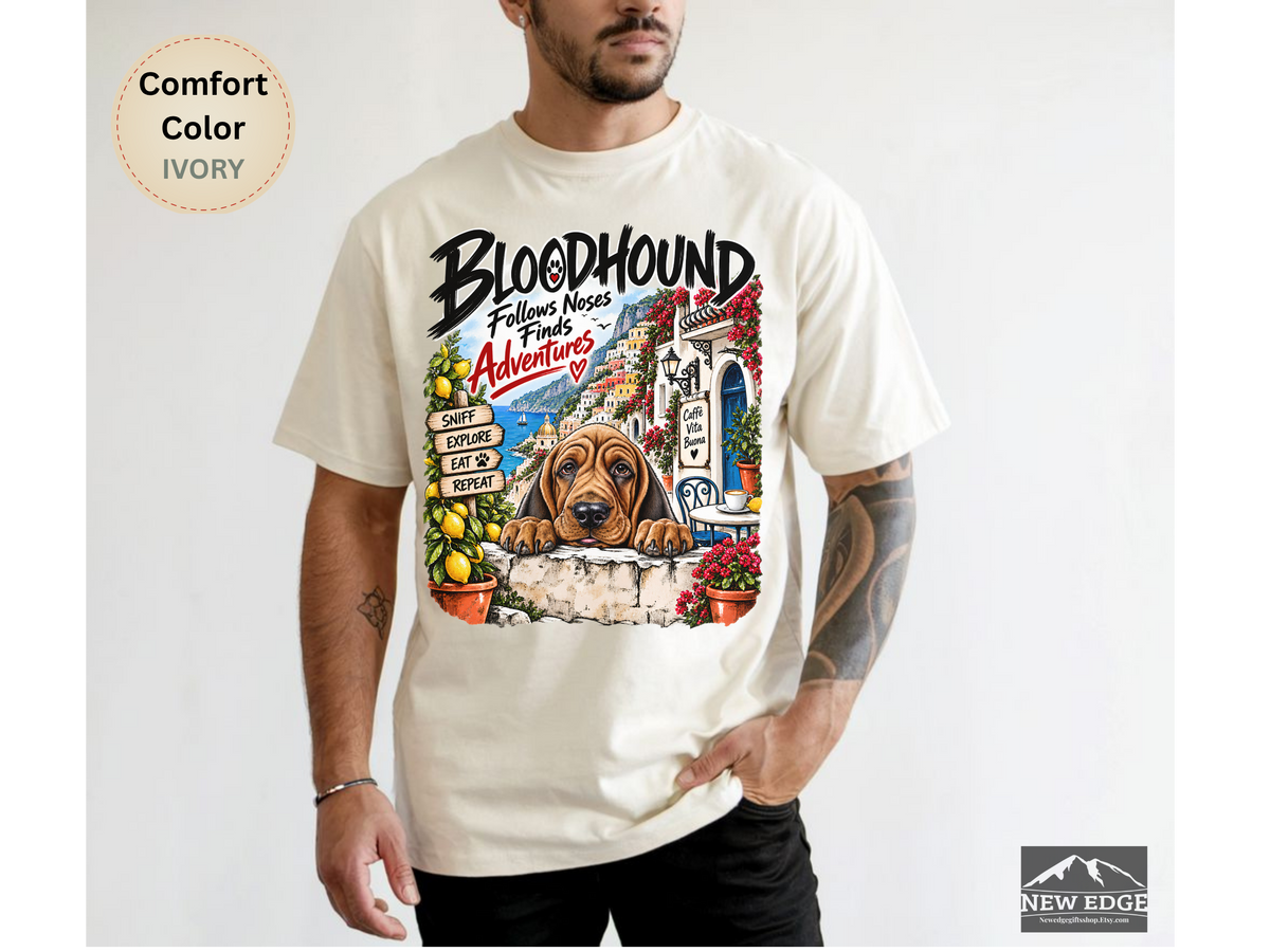 Bloodhound Comfort Colors Shirt, Follows Noses Finds Adventures, Amalfi Coast Dog Lover Tee