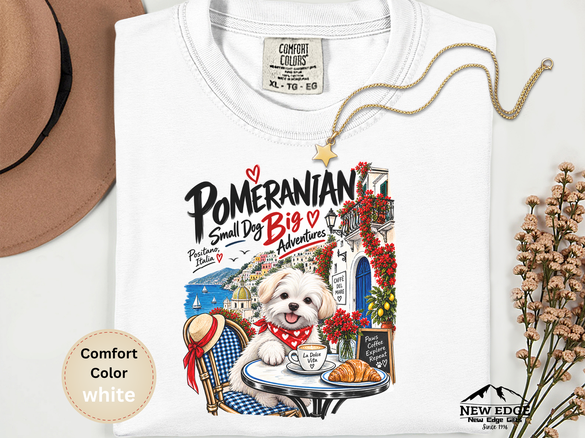 Pomeranian Small Dog Big Adventures Positano Italy Comfort Colors Dog Lover Travel T-Shirt