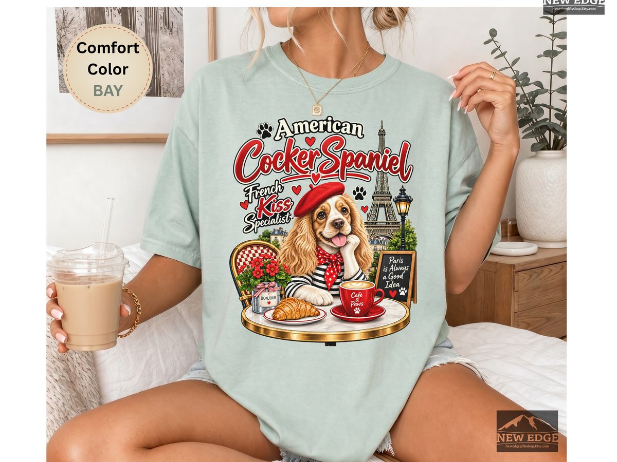 American Cocker Spaniel T-Shirt, Funny Dog Lover Shirt, Paris Café Dog Graphic